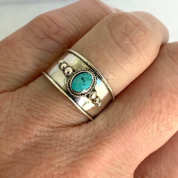 Sterling Silver 925 Oval Bezel Set Turquoise Cigar Band Ring Size 5.75 NEW - Picture 4 of 16